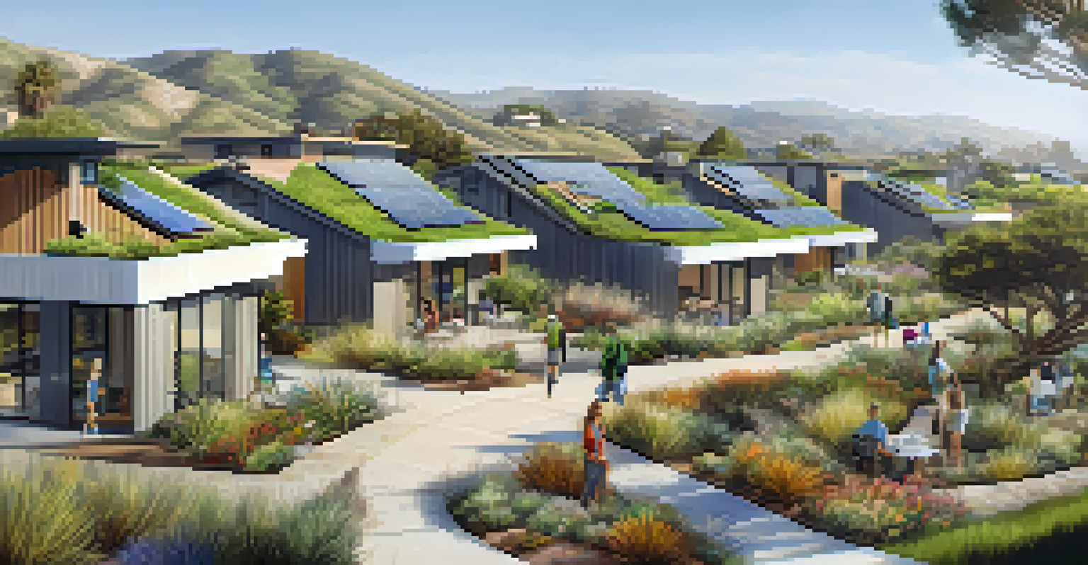 A sustainable community in Malibu with modern homes featuring green roofs and solar panels, connected by walking paths.