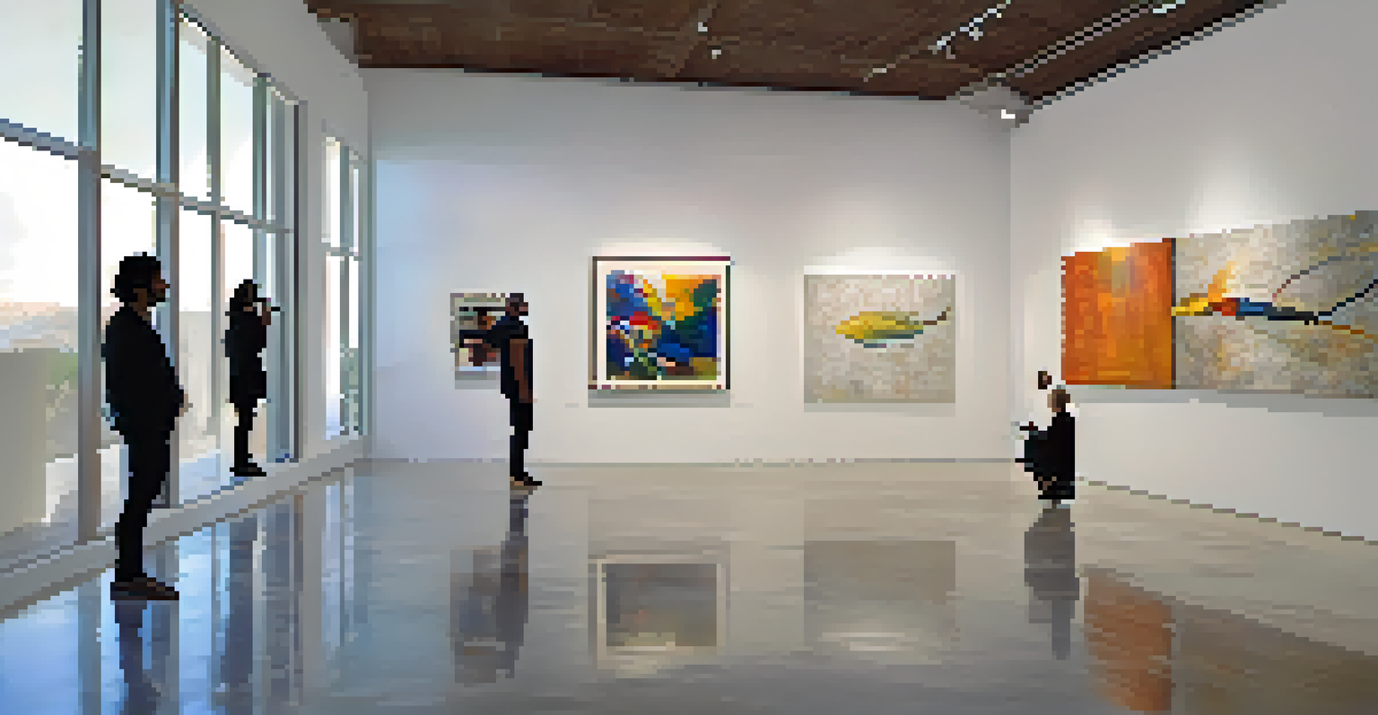 A modern art gallery in Malibu filled with contemporary artworks, with visitors interacting and discussing the pieces.