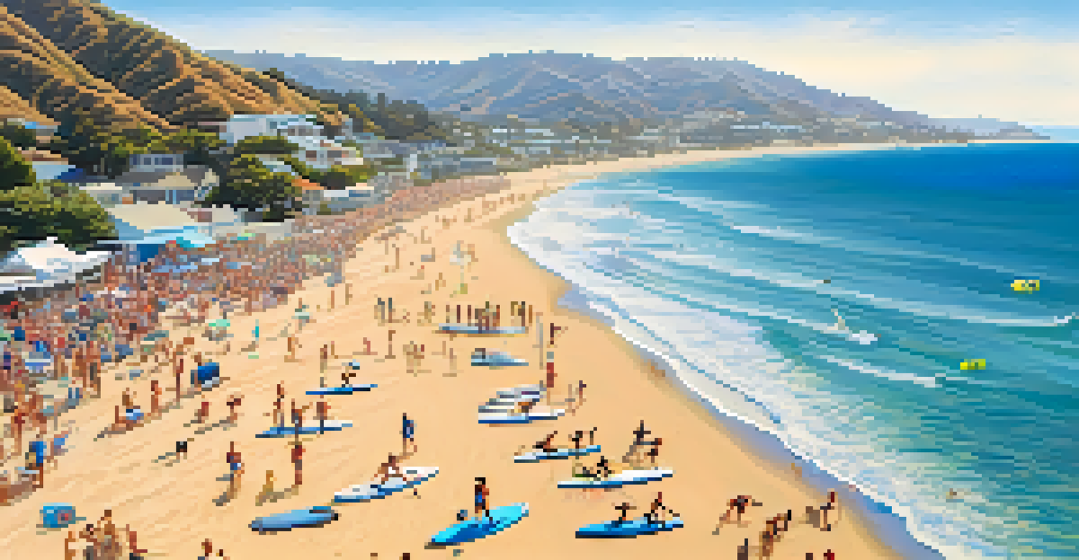 Aerial view of a lively paddleboarding event in Malibu, showing participants on clear blue waters and a sandy beach.