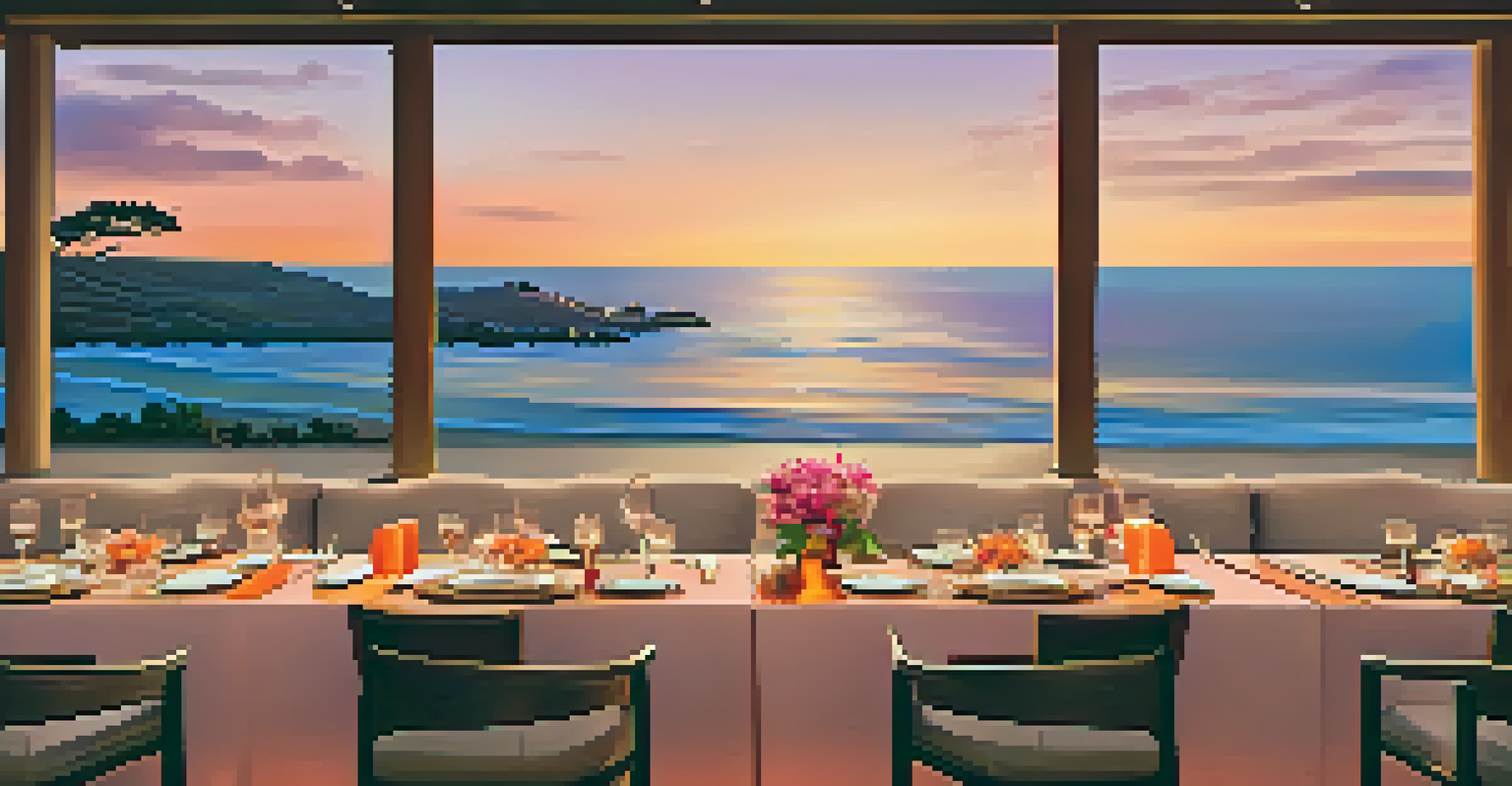 An outdoor dining setup with sushi and cocktails overlooking the ocean at sunset.