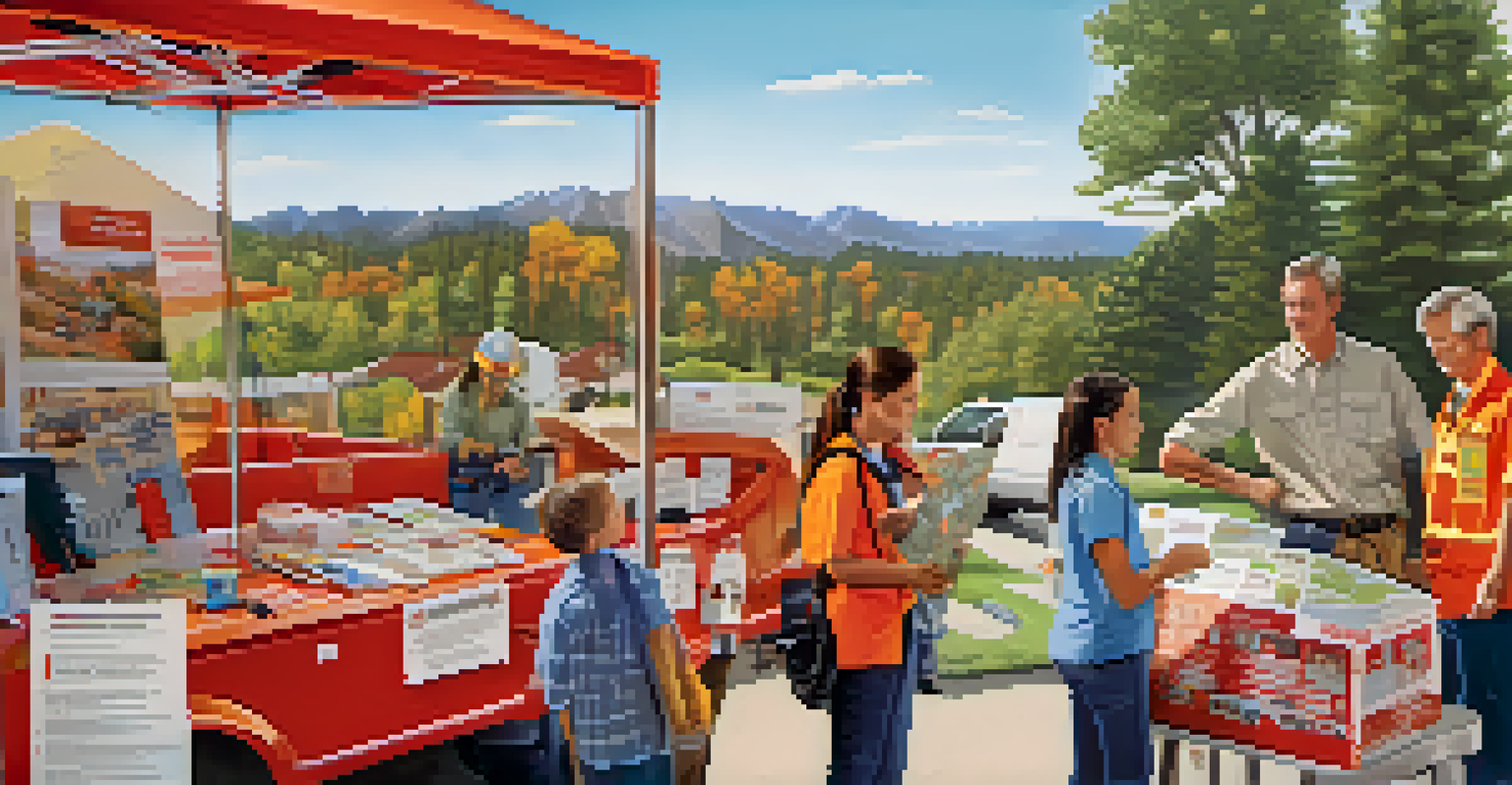A family discussing a wildfire safety plan displayed on a table, with a detailed map and emergency kits around them.