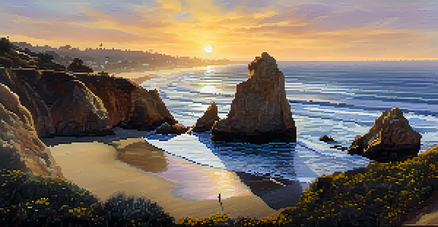 Families exploring the rocky shoreline of El Matador State Beach, with sea caves and tide pools during a beautiful sunset.