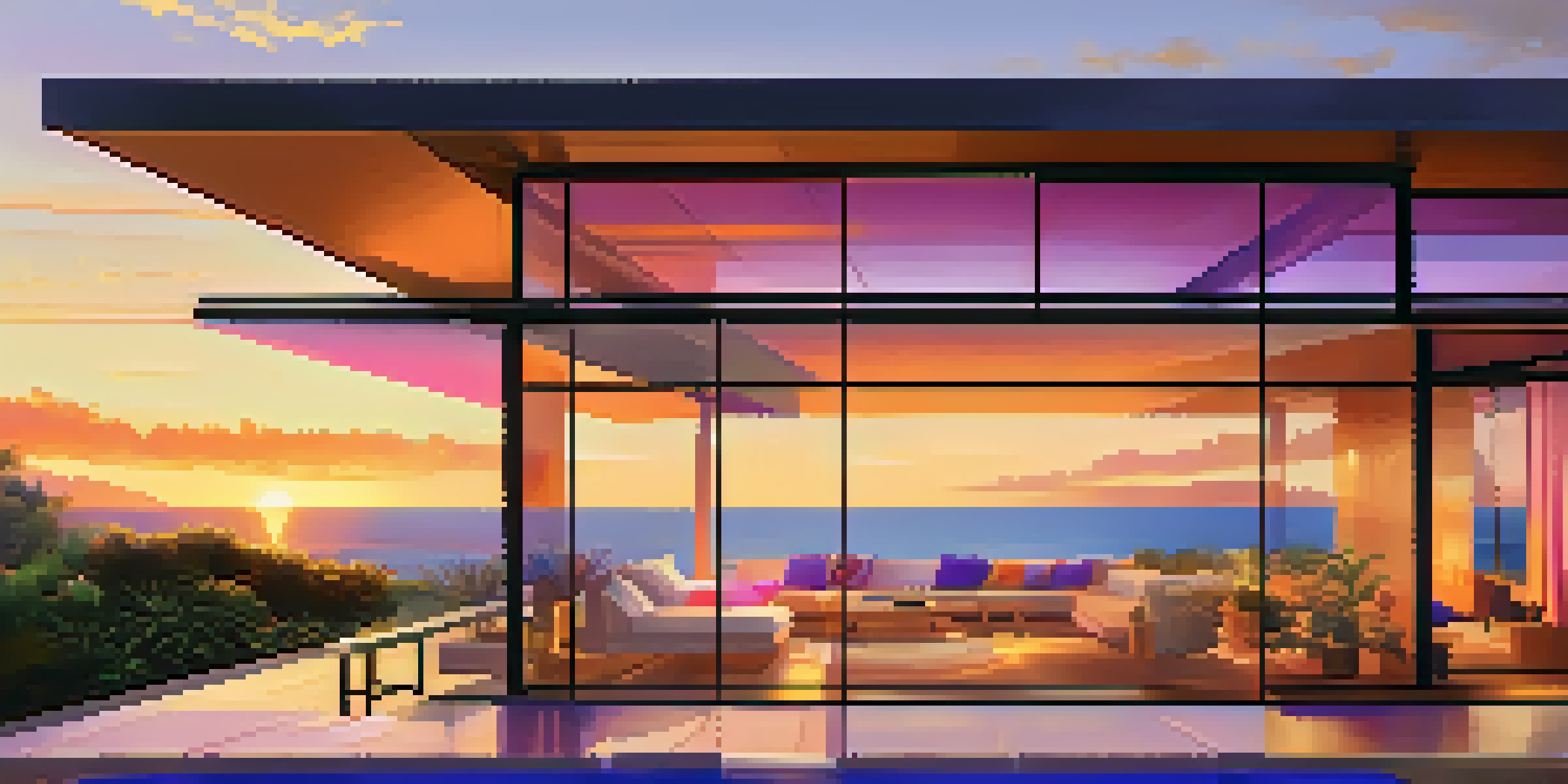 A luxurious Malibu beach house at sunset with glass walls and ocean views, surrounded by greenery.