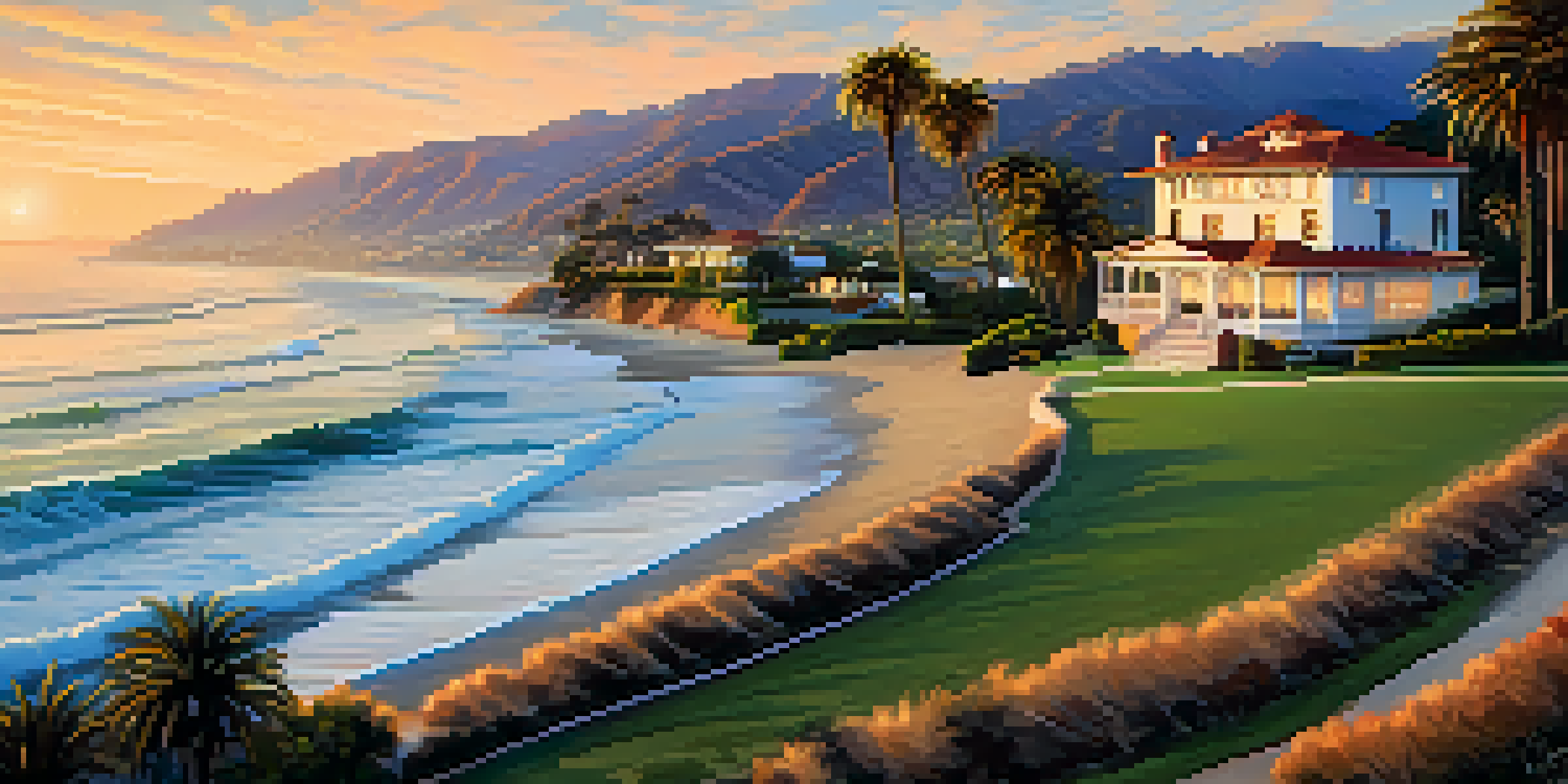 A scenic view of Adamson House with 1920s architecture against the Malibu coastline at sunset, featuring palm trees and ocean waves.