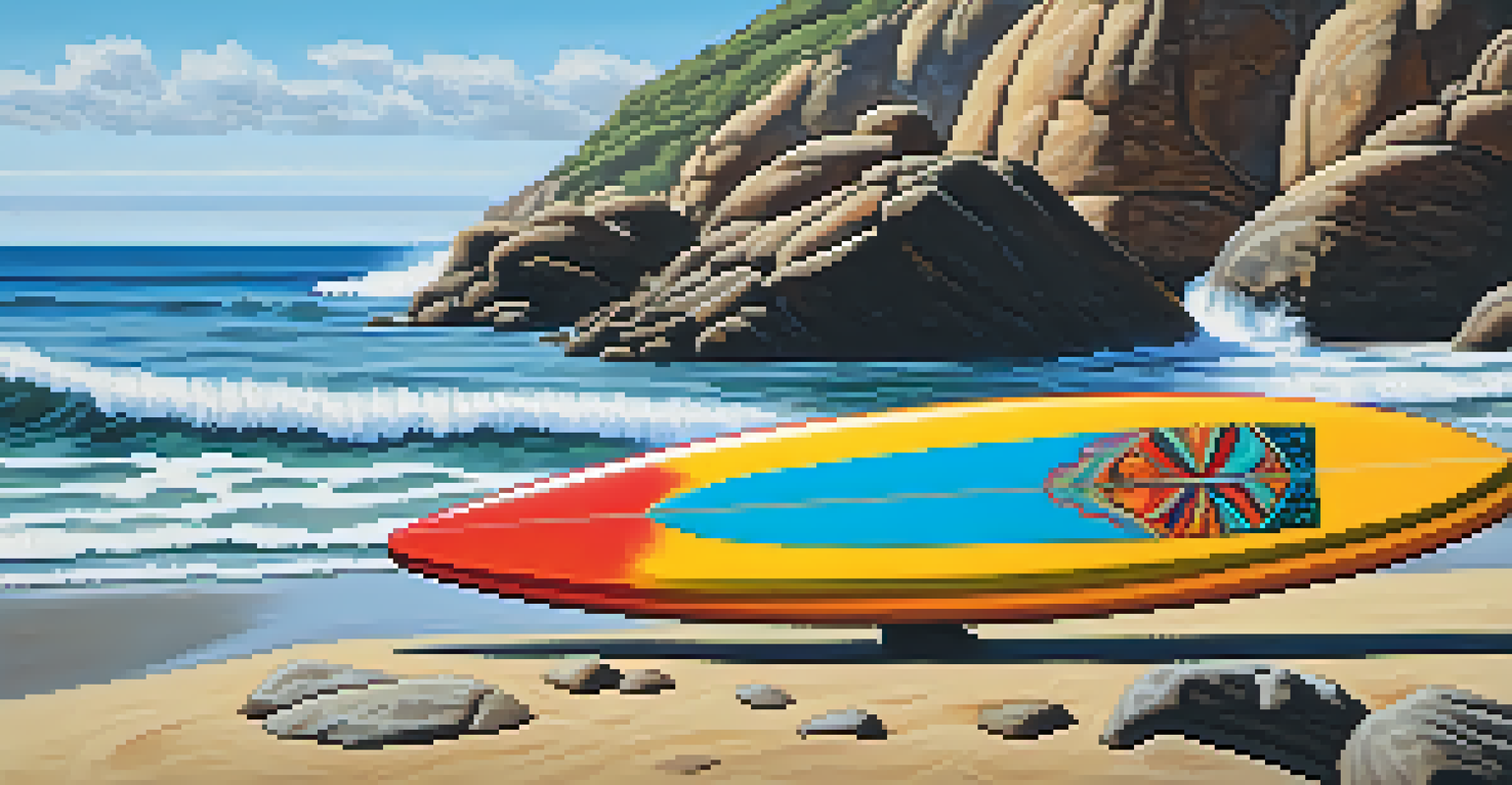 A close-up of a colorful vintage surfboard against rocky Malibu shoreline with ocean waves.