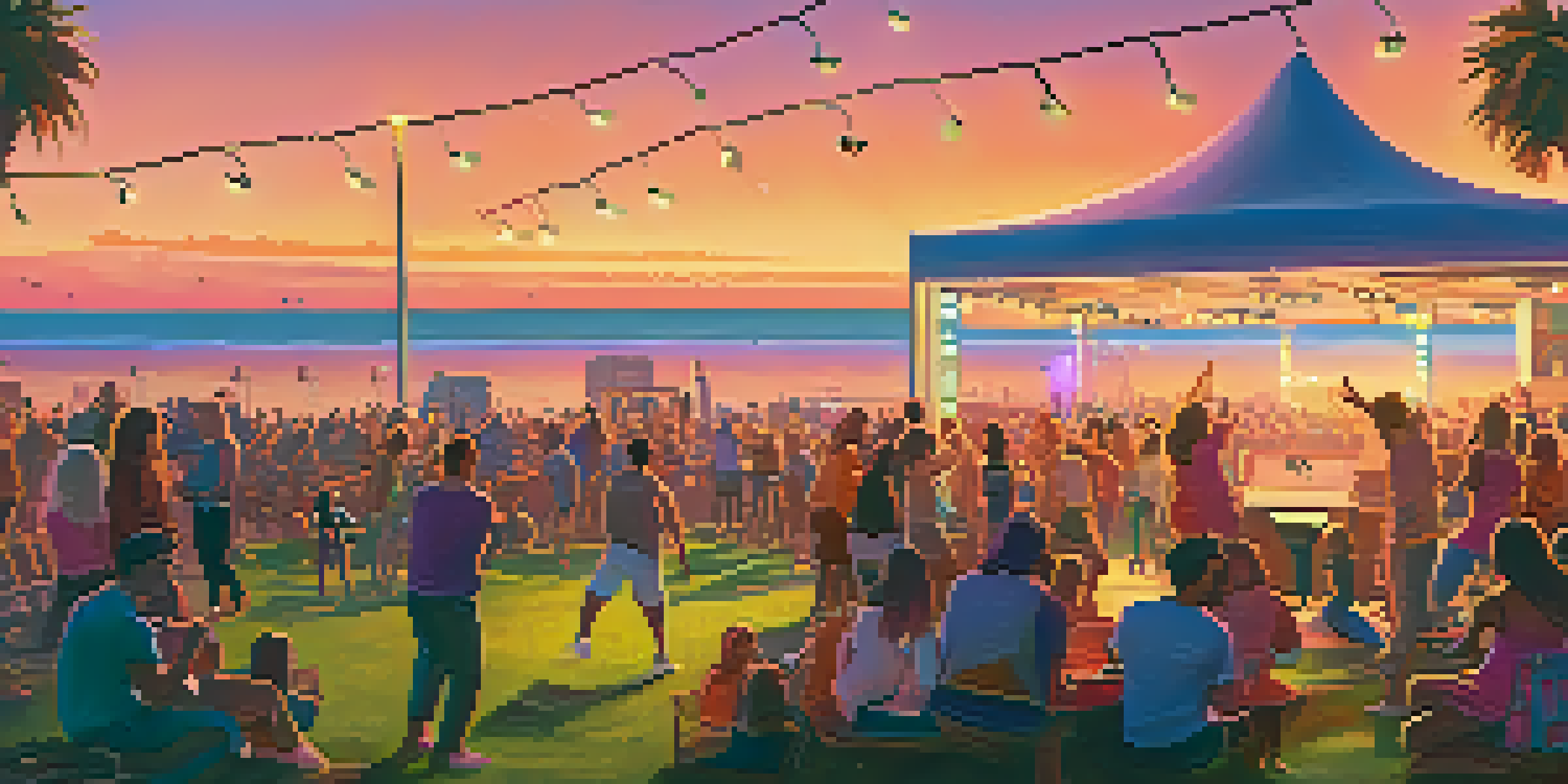 A lively outdoor concert at Malibu Beach Park during sunset with a colorful sky and a crowd enjoying the music.
