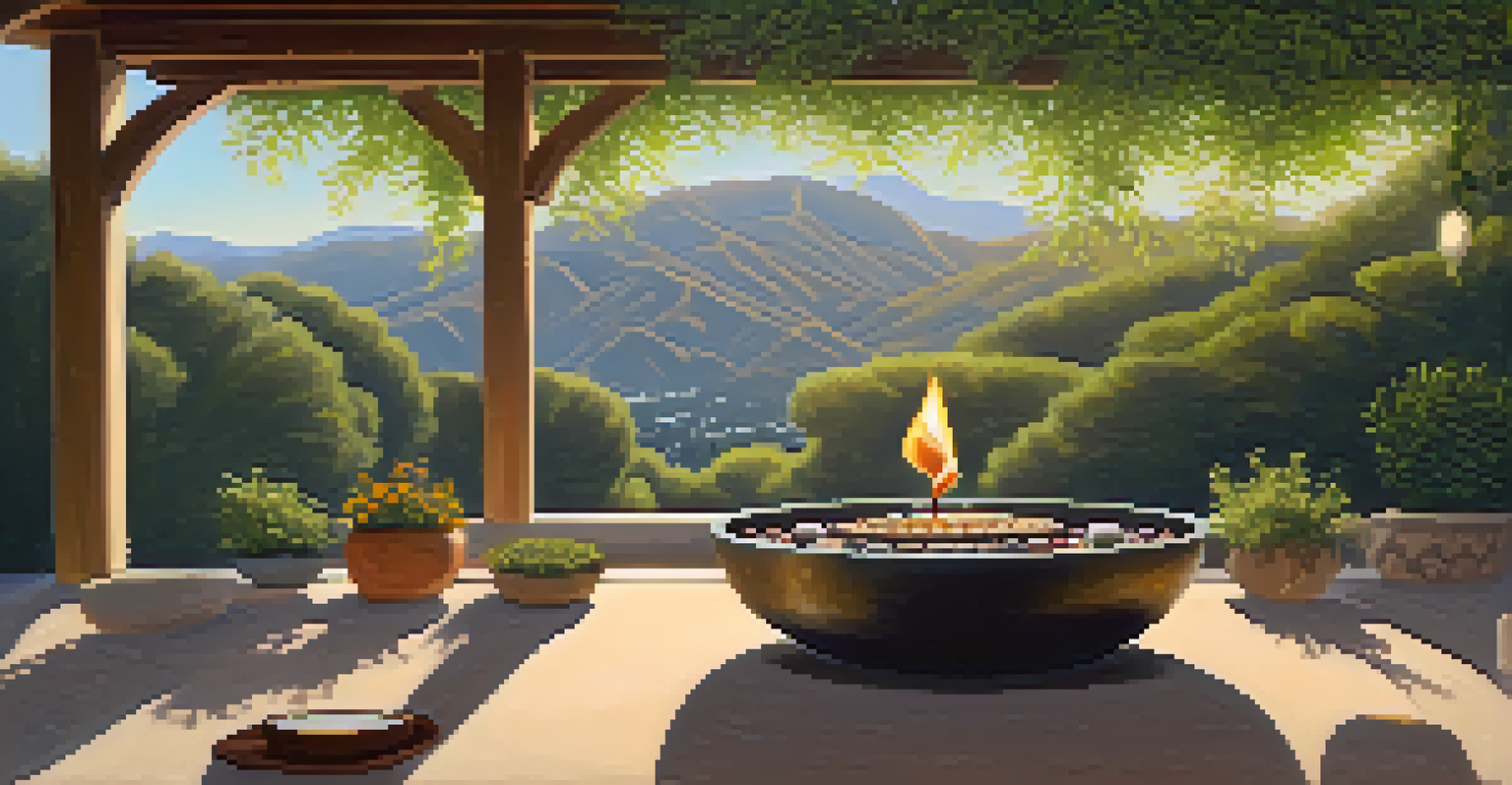 A peaceful outdoor meditation space with cushions, candles, and mountains in the background.