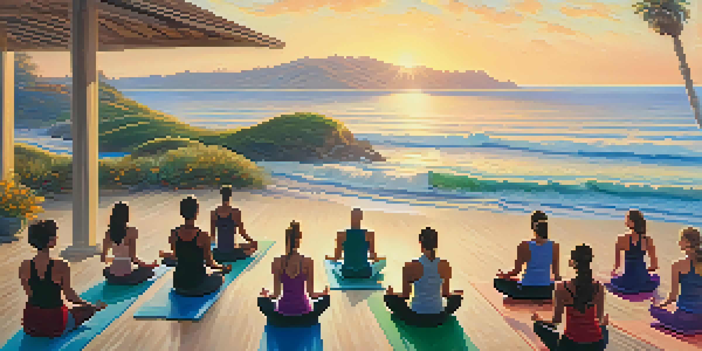 A group of people practicing yoga on the beach in Malibu with the ocean in the background during sunrise.