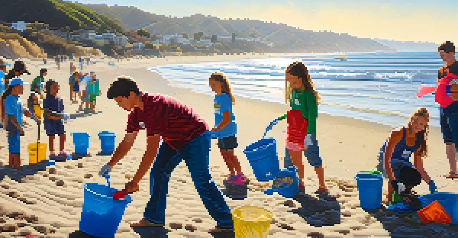 Volunteers of various ages participating in a beach cleanup in Malibu under a bright sunny sky.