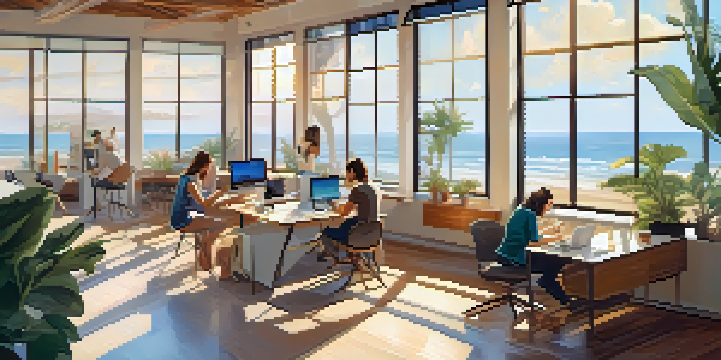 A modern coworking space in Malibu with ocean views and people working on laptops in a bright, sunlit environment.