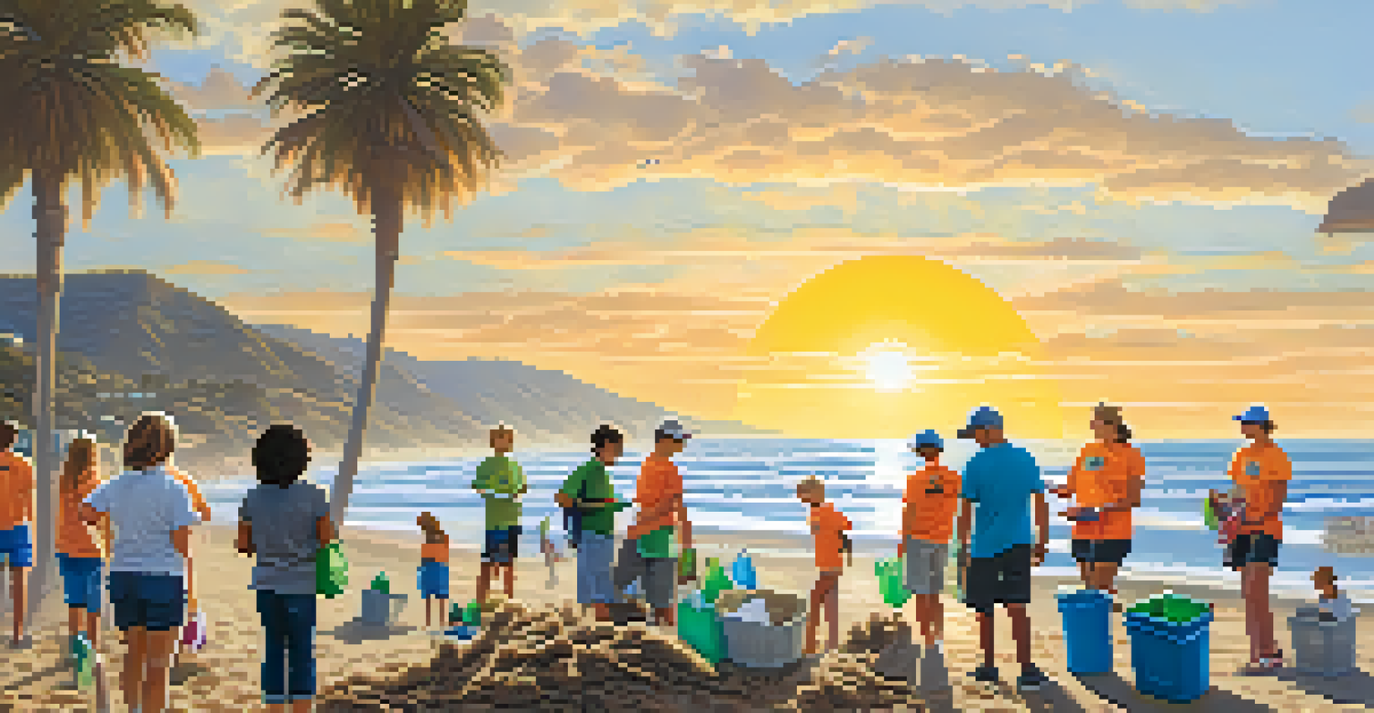 A community beach clean-up in Malibu, featuring diverse volunteers collecting litter with the ocean in the background, showcasing their commitment to environmental conservation.