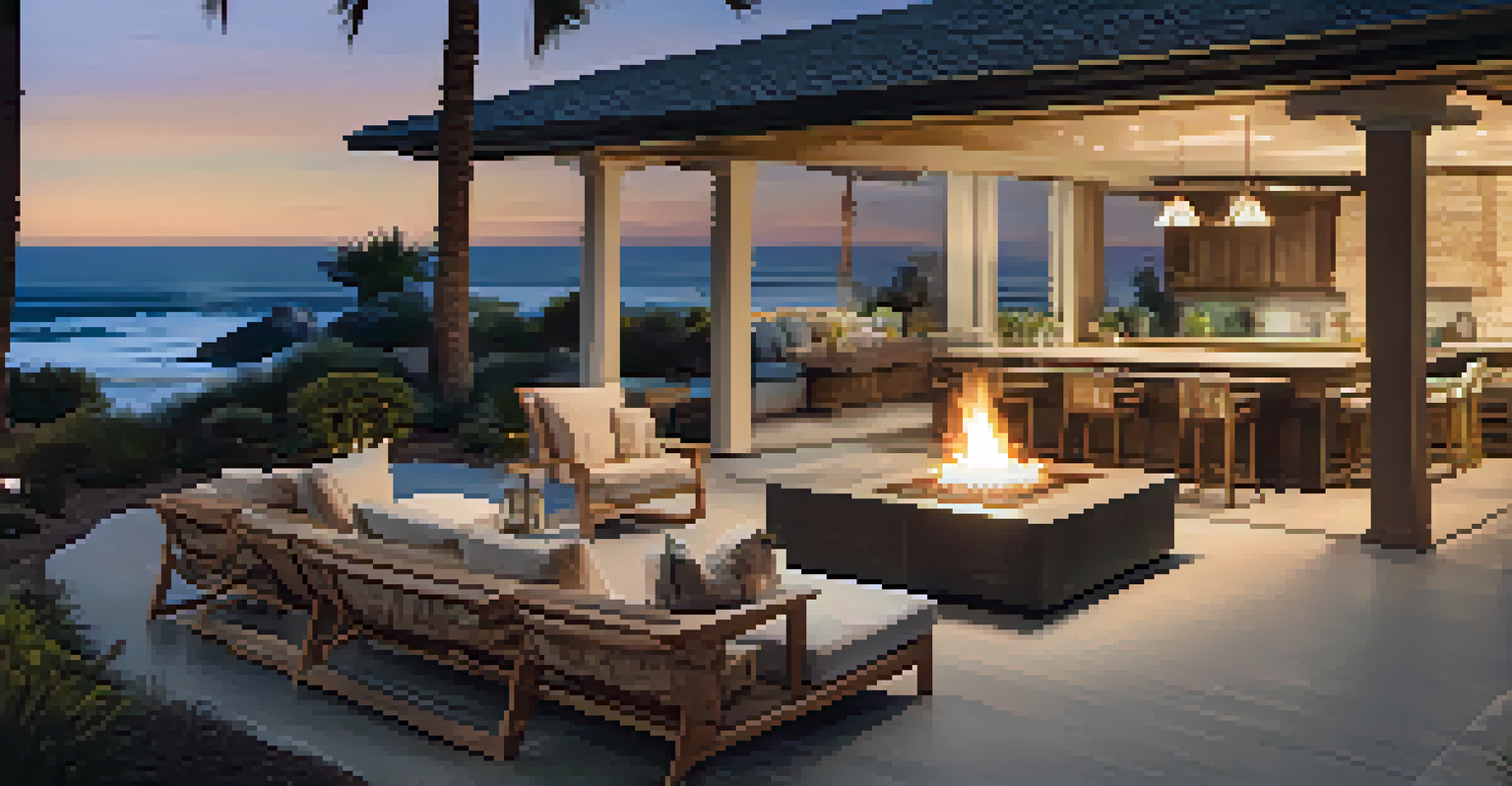 Cozy outdoor living area of a Malibu home with seating, fire pit, and ocean view at twilight.