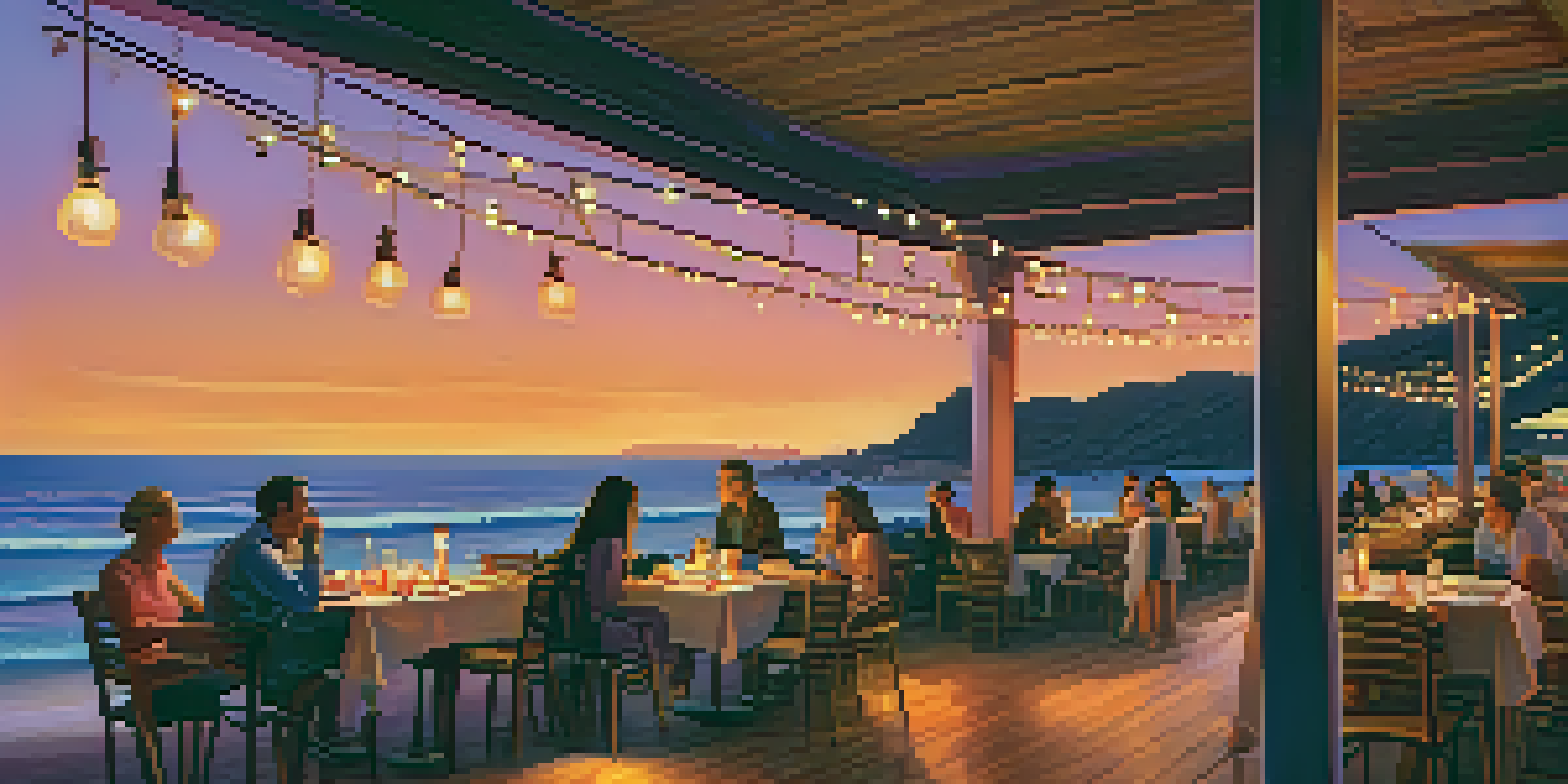 A picturesque beachside restaurant in Malibu with outdoor seating, patrons enjoying food and drinks under string lights during sunset.