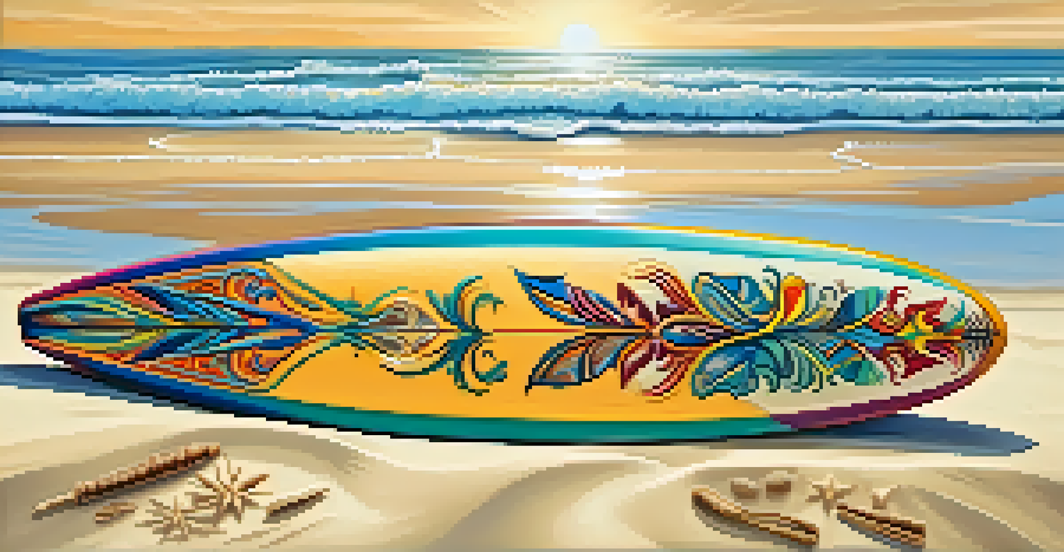 A close-up of a colorful surfboard on the sand with intricate designs and the ocean in the background.