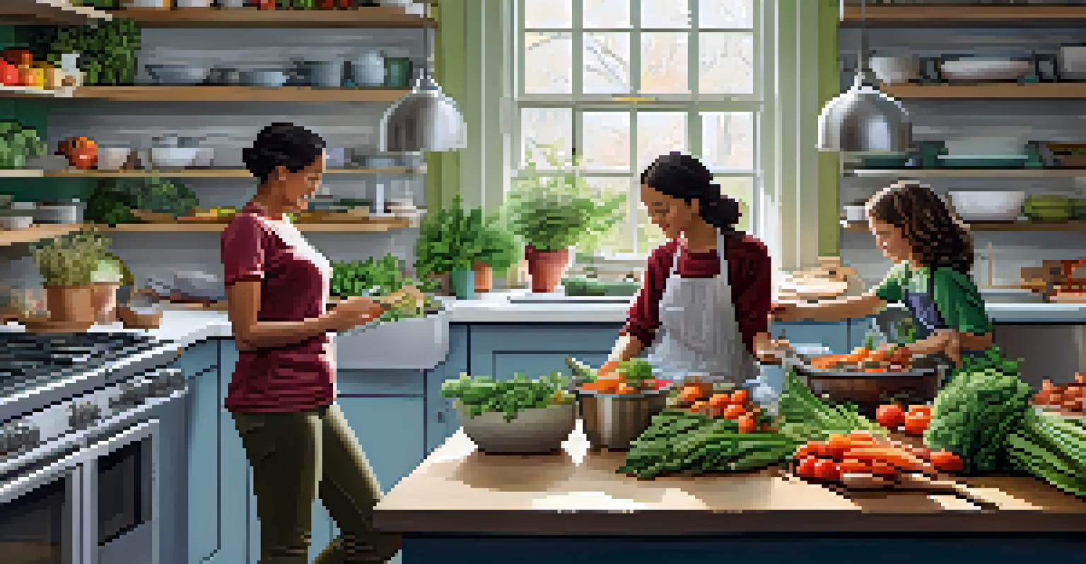 A family cooking in a cozy kitchen with fresh ingredients and a compost bin on the counter.