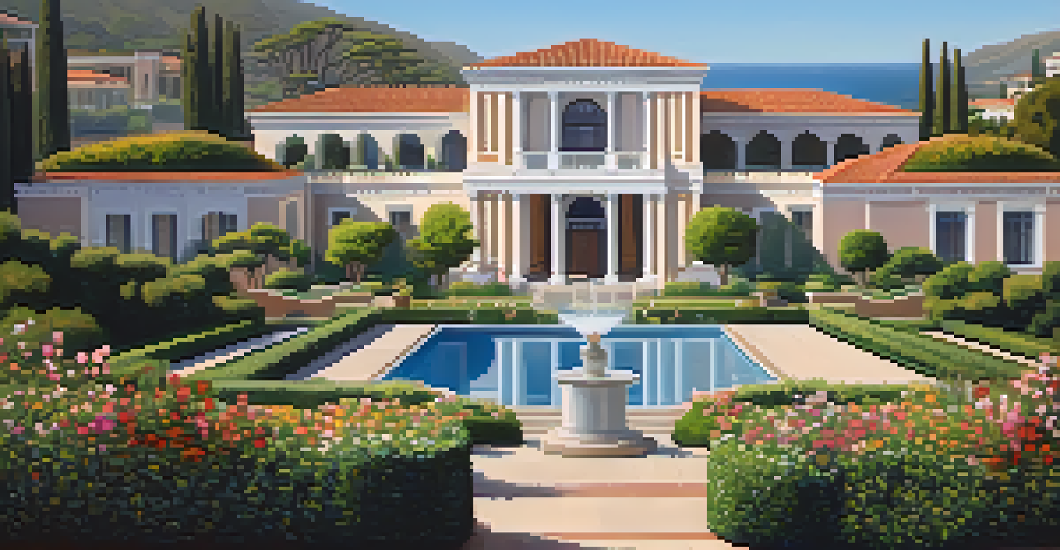 The Getty Villa in Malibu surrounded by beautiful gardens, with classical architecture and the ocean in the background.