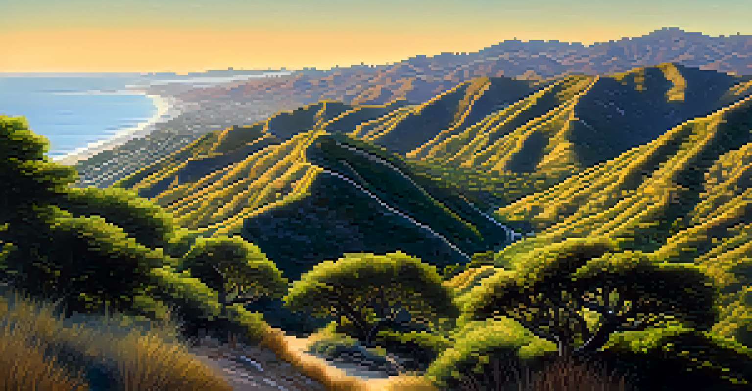 Aerial view of Santa Monica Mountains with a hiking trail and sunset lighting.