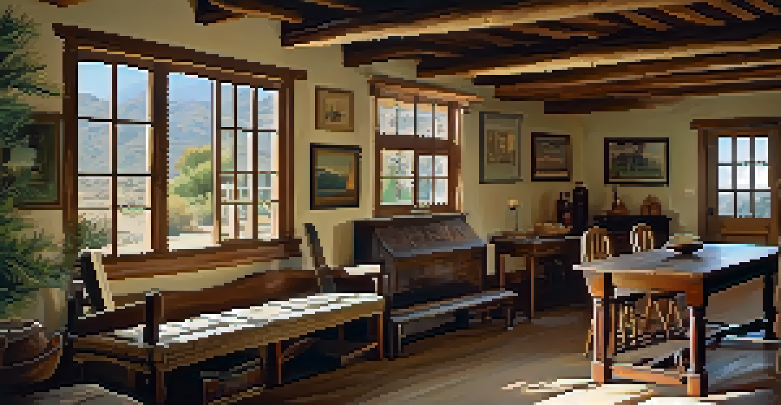 Interior view of the Malibu Adobe, highlighting wooden beams and rustic furnishings in warm lighting.