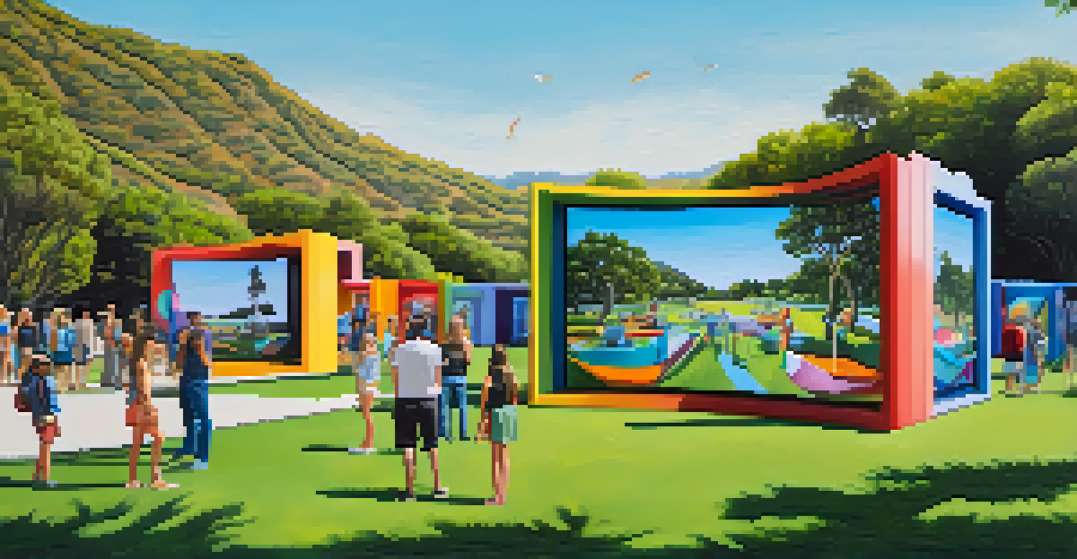 Visitors engaging with a colorful art installation in a park in Malibu.