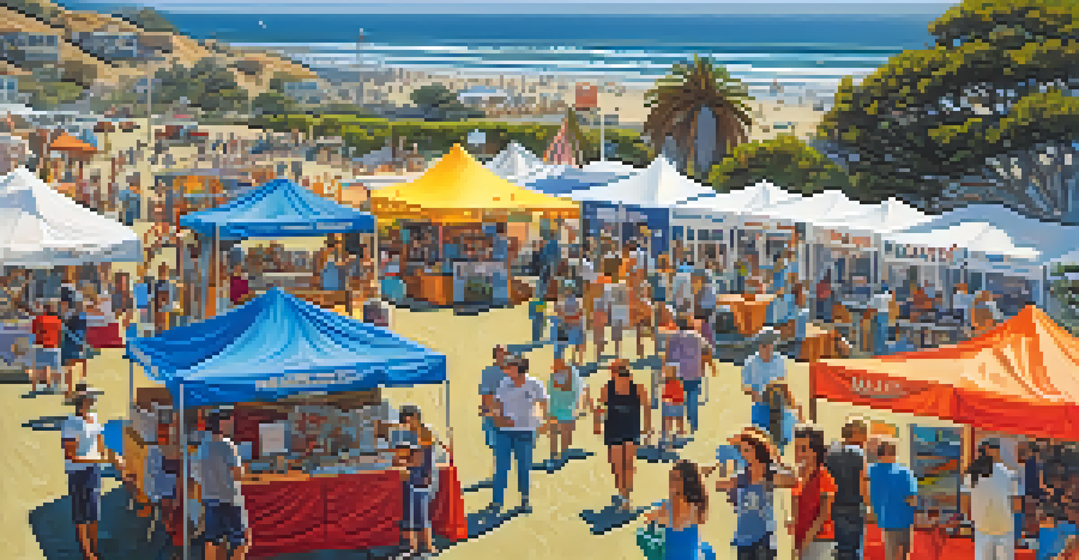 An outdoor arts festival in Malibu with artists showcasing their work and families enjoying the atmosphere near the beach.