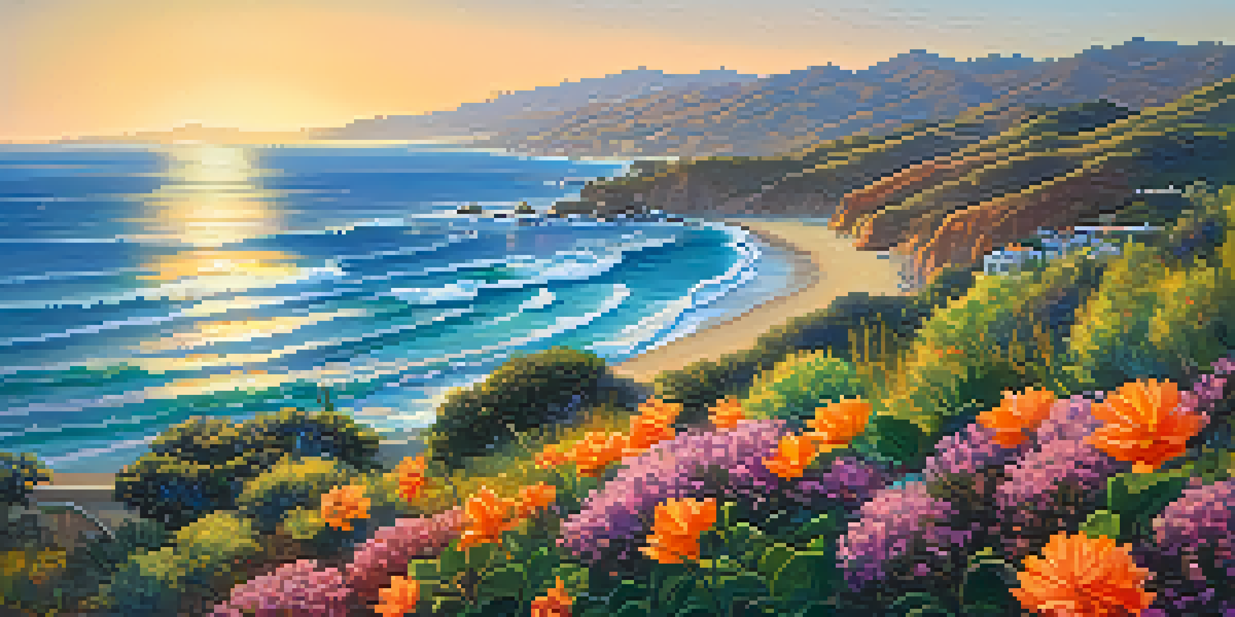 A picturesque sunset view of the Malibu coast with ocean waves, rocky shore, green hills, and colorful native plants.