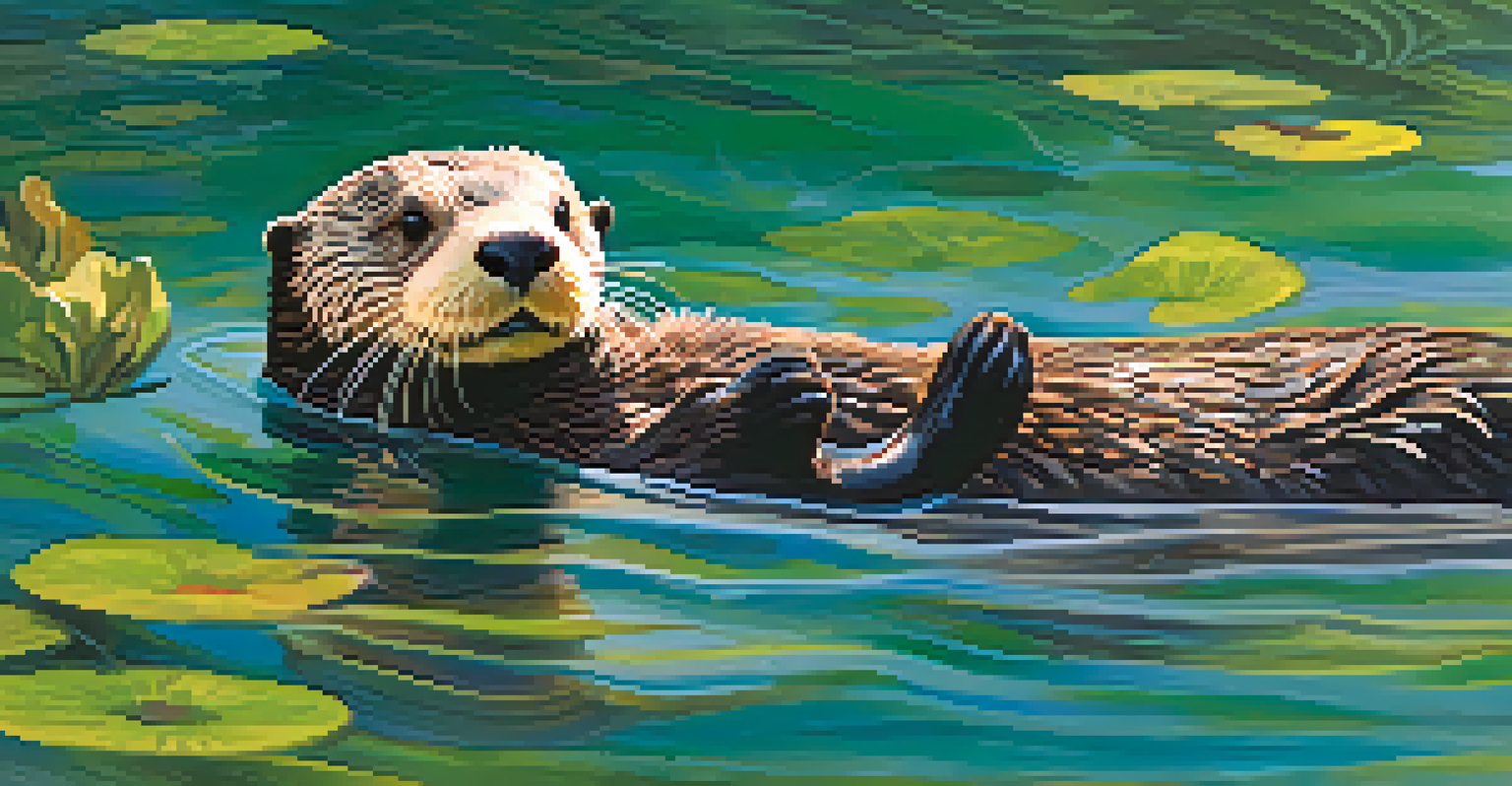 A southern sea otter floating in a kelp forest, holding a shell with sunlight filtering through the water. The scene has vibrant greens and marine life.