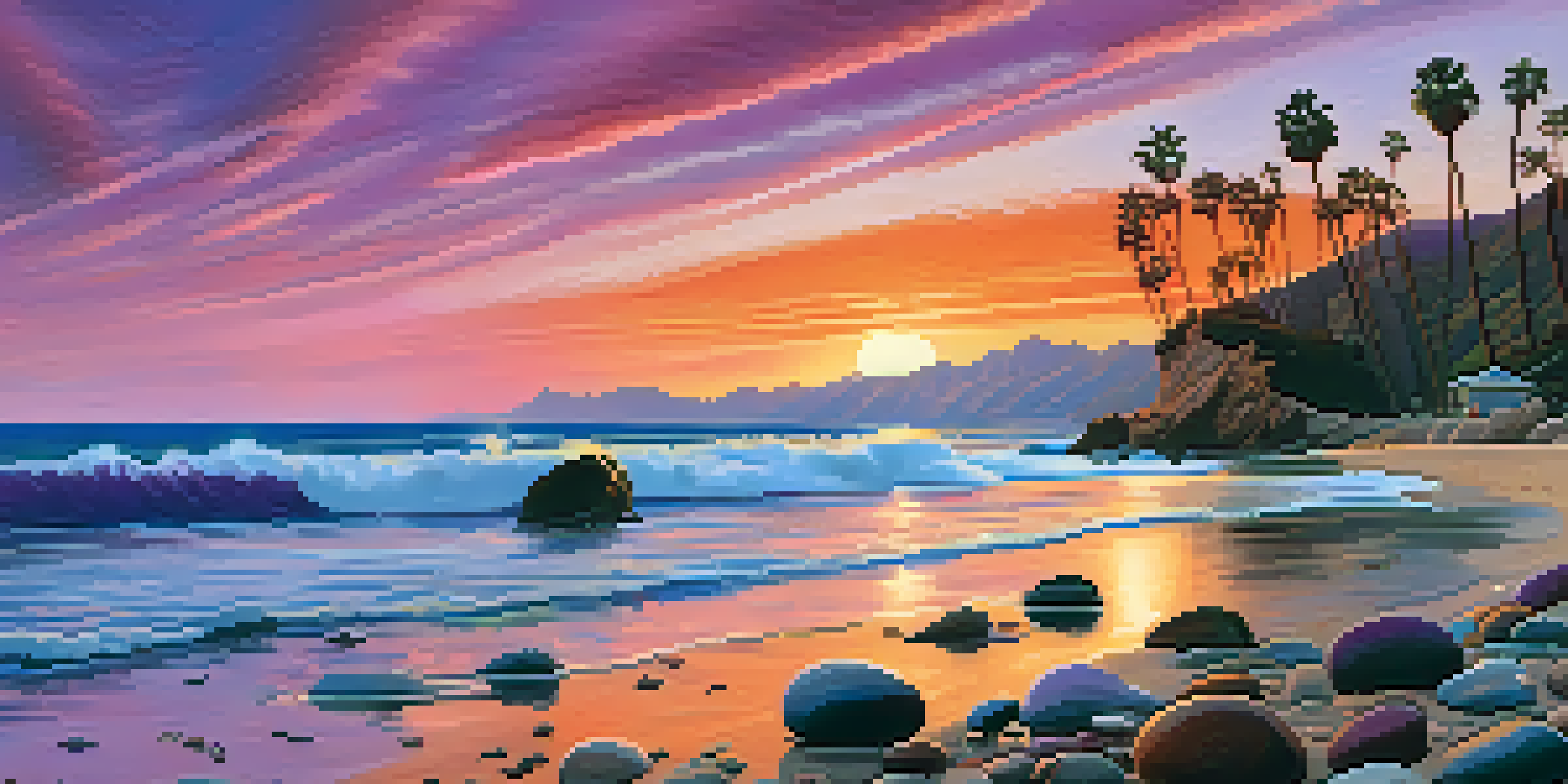 A beautiful sunset over Malibu's coastline, with colorful reflections on the water and silhouetted cliffs.