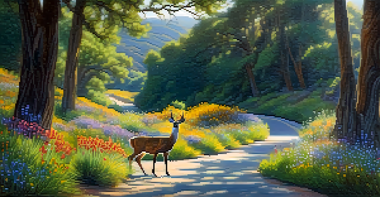 A peaceful view of Las Flores Canyon Road with wildflowers and a deer grazing in the background.