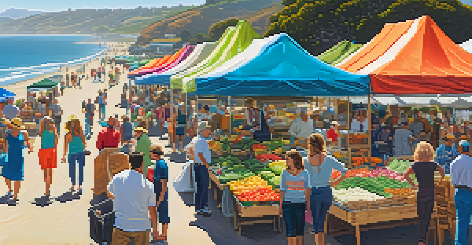 A busy farmers' market in Malibu with colorful tents and a view of the ocean.
