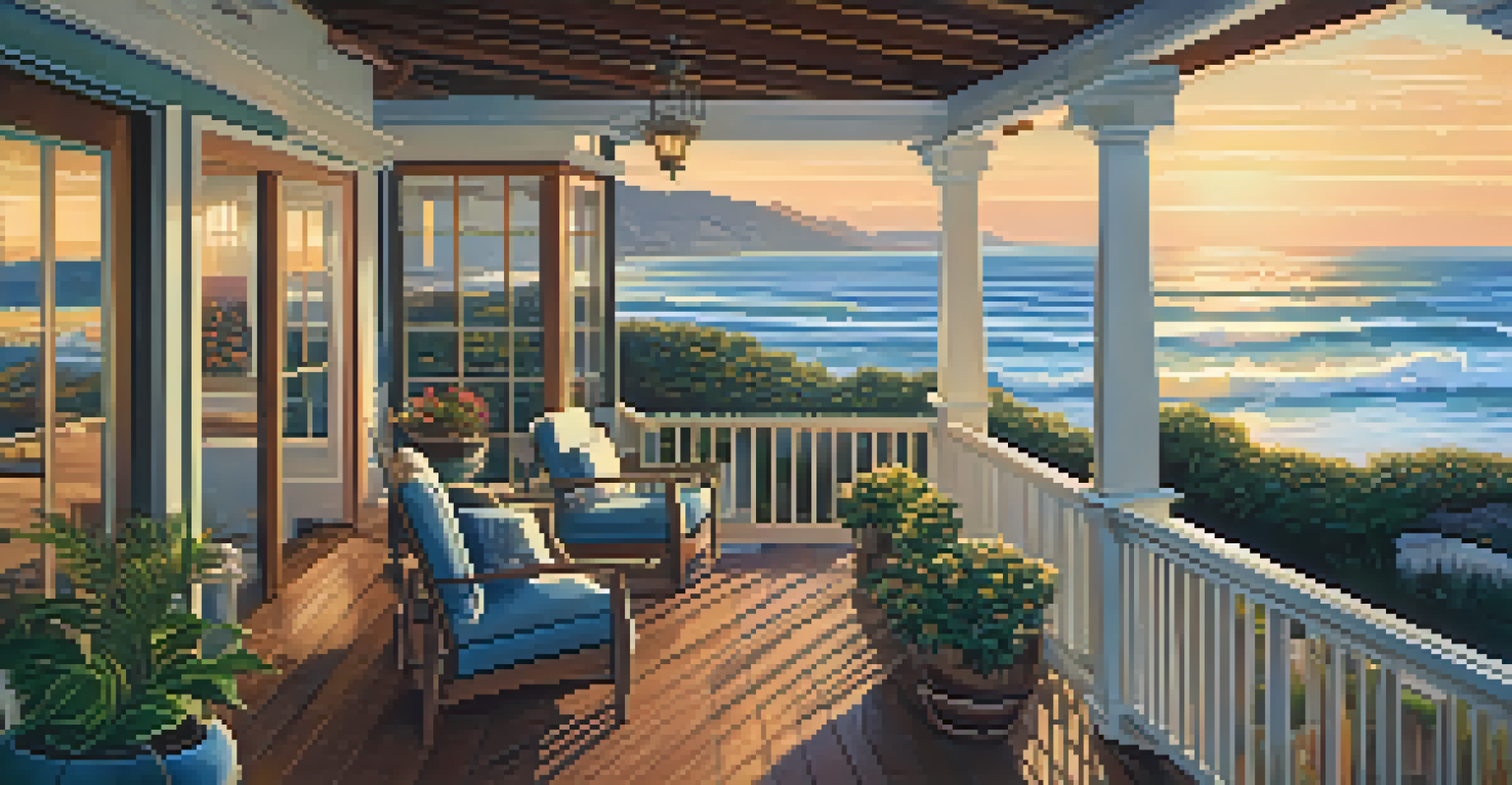 Outdoor space of a Craftsman home in Malibu with a wide porch, plants, and ocean views during sunset.