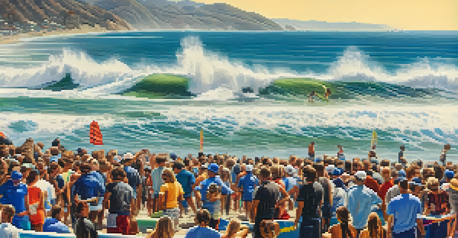 Surfers competing on large waves at Malibu, with a cheering crowd on the beach.