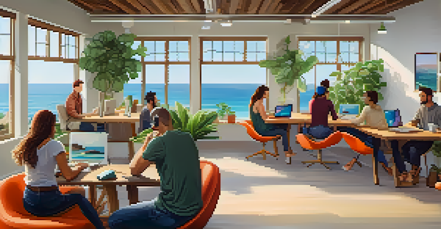 A modern co-working space in Malibu with ocean views and people working.