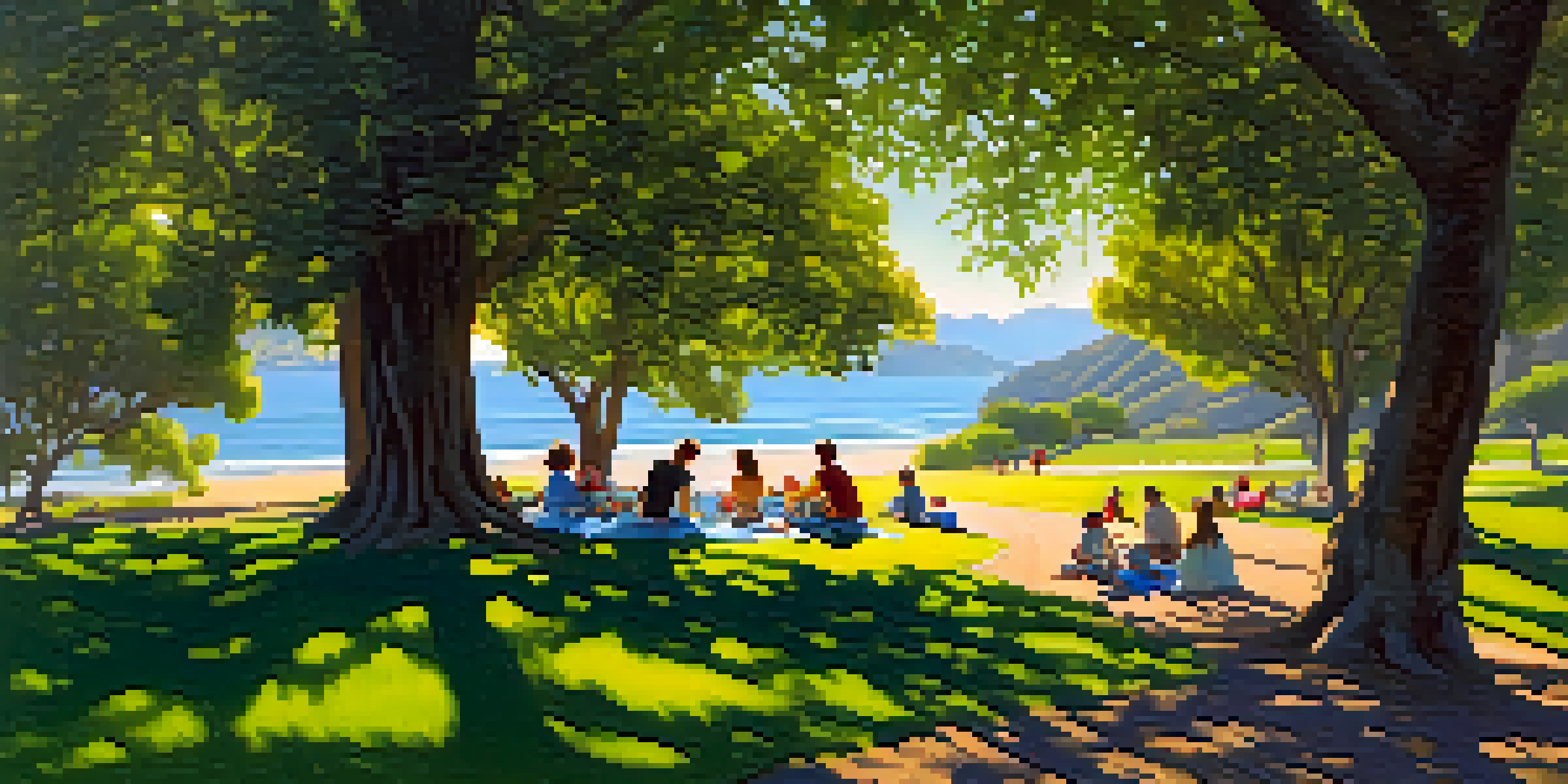 Families having a picnic under tall trees in Malibu State Park, with green lawns and scenic trails in the background.