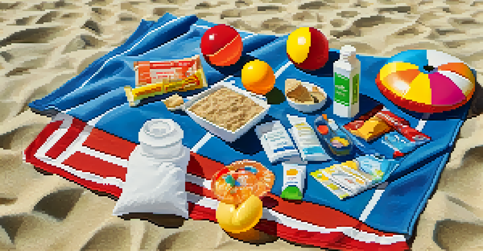 A beach first aid kit displayed on a towel, surrounded by sunscreen, snacks, and a beach ball under a clear sky.