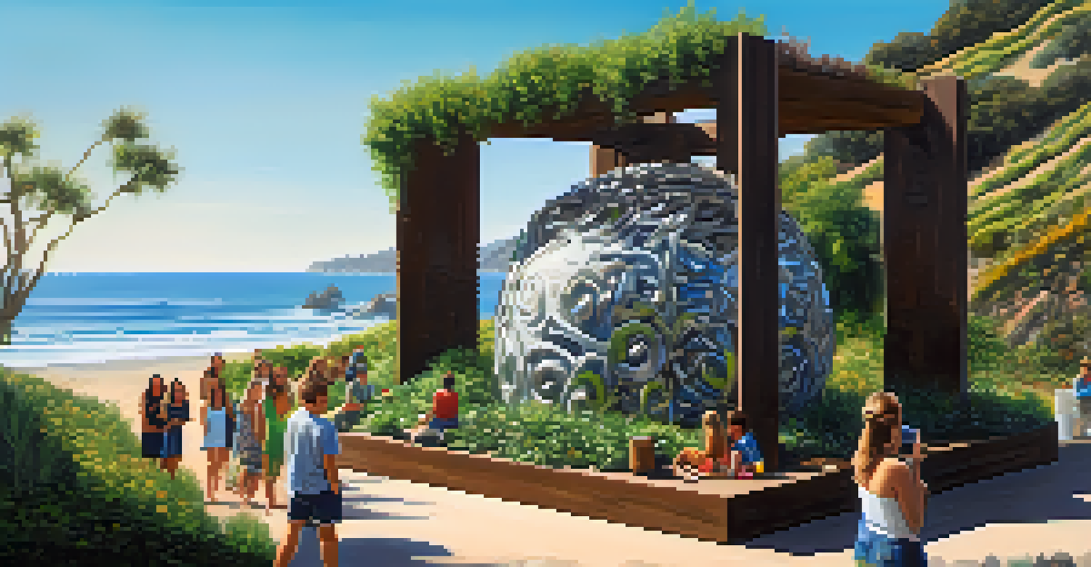 An interactive sculpture made from recycled materials in Malibu, surrounded by greenery and overlooking a beach, with people interacting with the artwork.