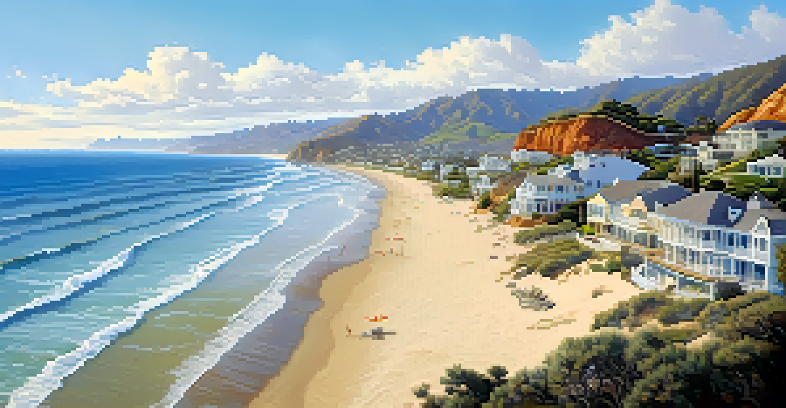 Aerial view of Malibu's coastline with luxury homes, sandy beaches, and surfers in the clear blue water.