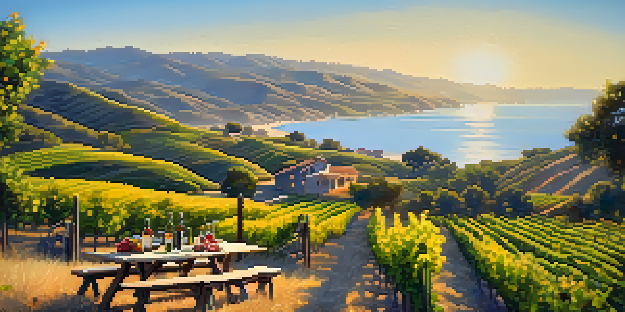 A picturesque vineyard in Malibu with rolling hills, grapevines, a rustic picnic table with cheeses and wine, and vibrant wildflowers under a clear sky.