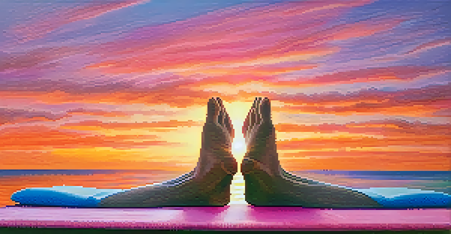 Close-up of hands in a meditative pose on a yoga mat with a sunset in the background, reflecting tranquility and spirituality.