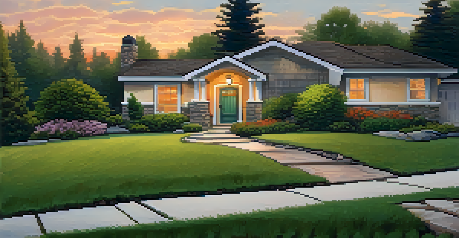 A defensible space around a home with trimmed trees, stone pathway, and a sunset glow creating a welcoming ambiance.