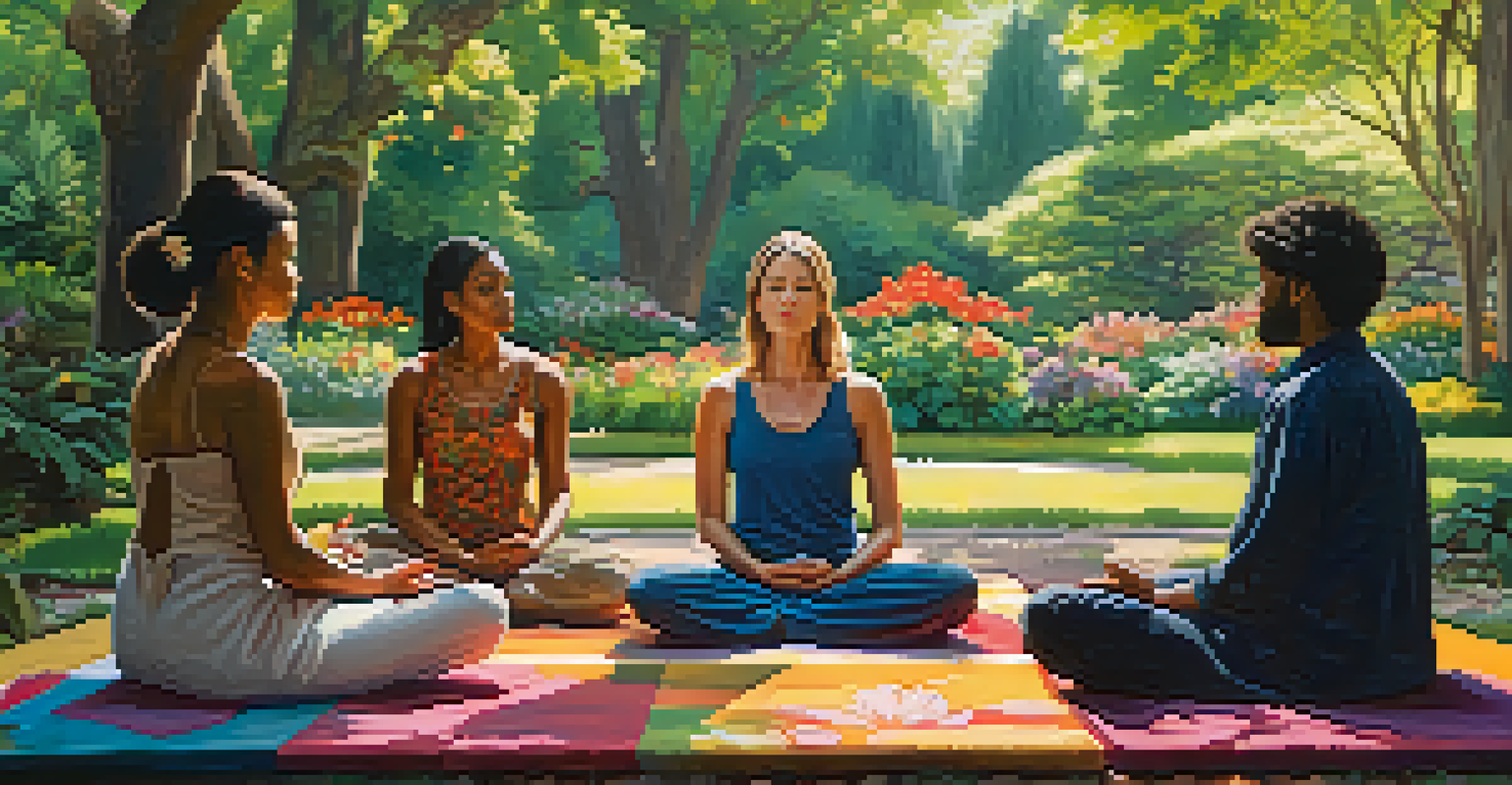 A group of people meditating in a beautiful garden filled with flowers and greenery, with sunlight peeking through the trees.