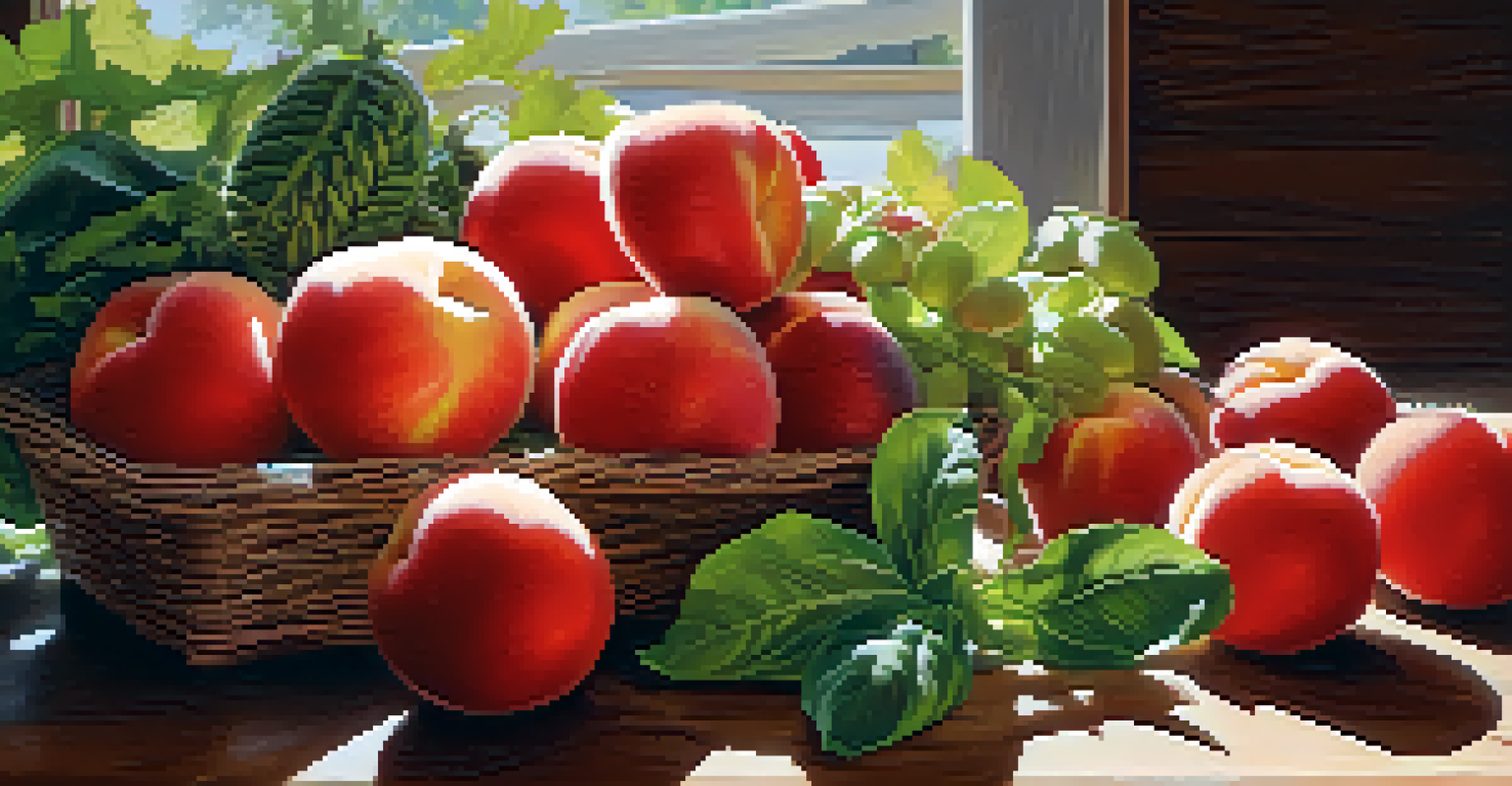 A close-up view of seasonal fruits and vegetables at a farmers' market, featuring peaches, tomatoes, and greens with sunlight creating a warm atmosphere.