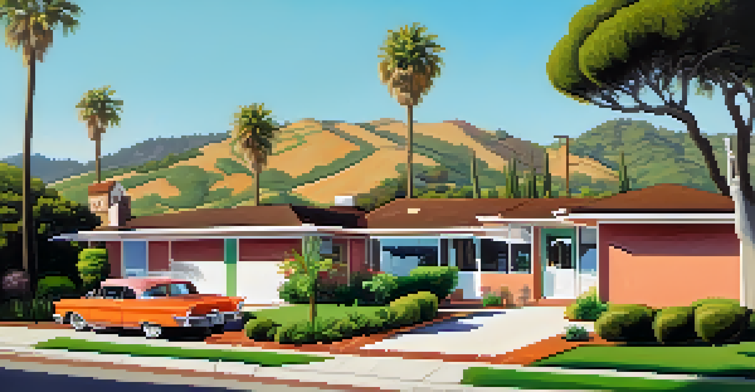 A street in Malibu featuring various mid-century modern homes surrounded by greenery.