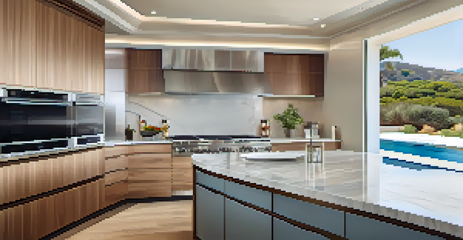 Luxury kitchen in a Malibu home with marble countertops and ocean views through large windows.