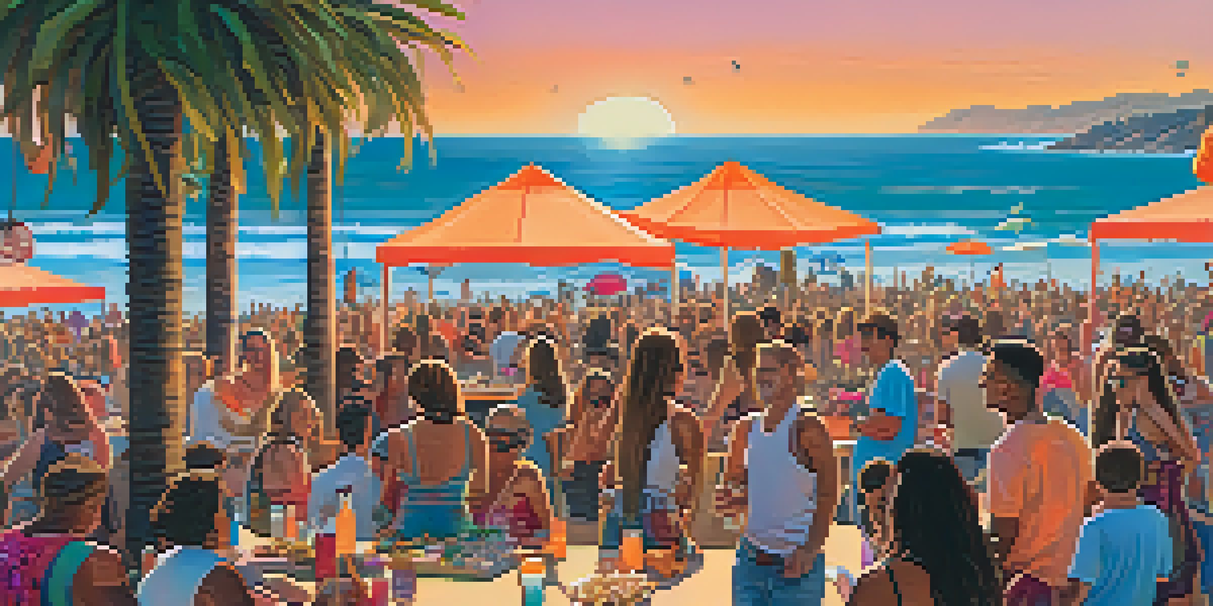 A lively music festival at the beach with a diverse audience, food trucks, and a colorful sunset.