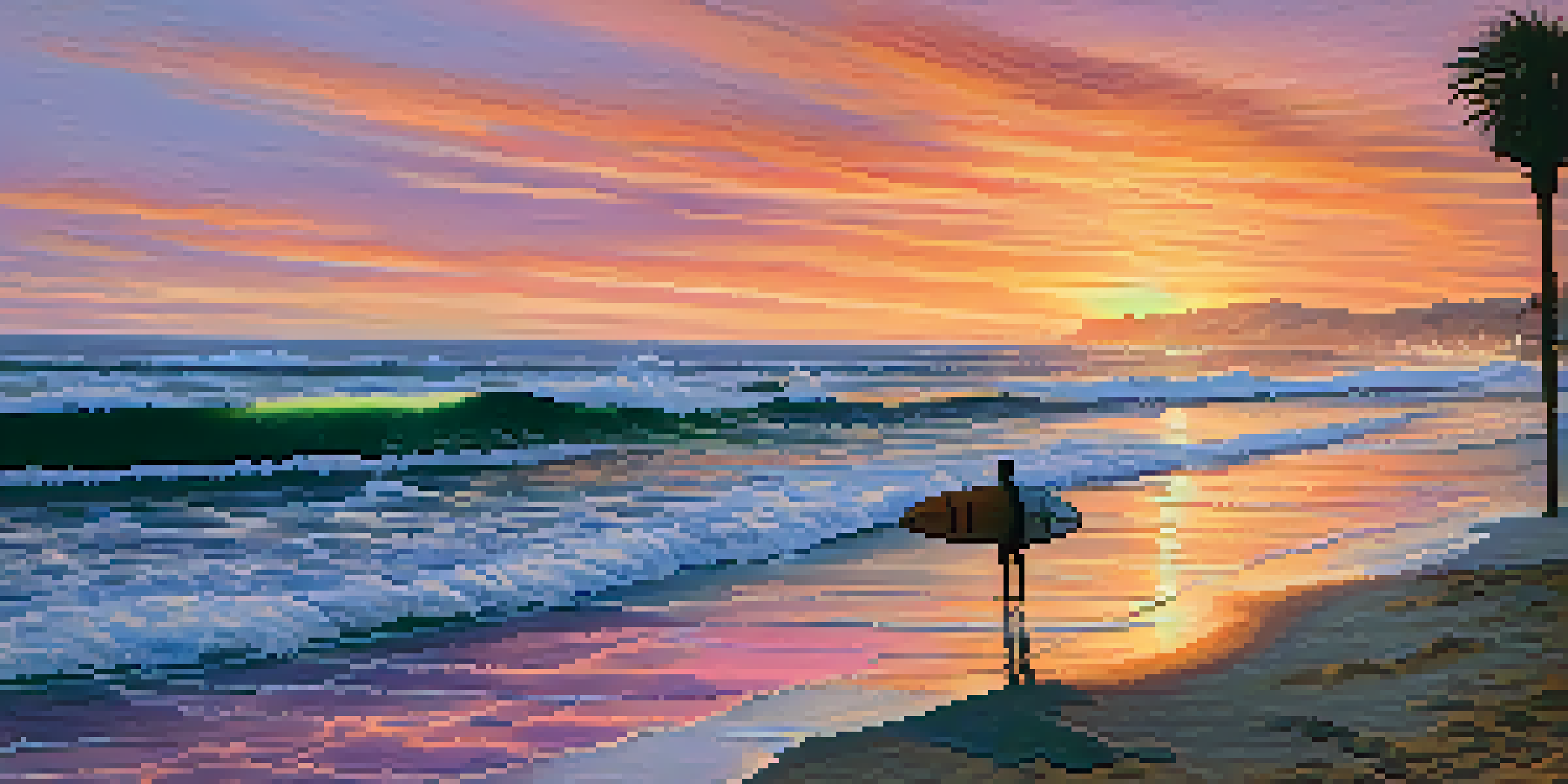 A picturesque sunset at Malibu Beach, with colorful skies and silhouettes of palm trees.