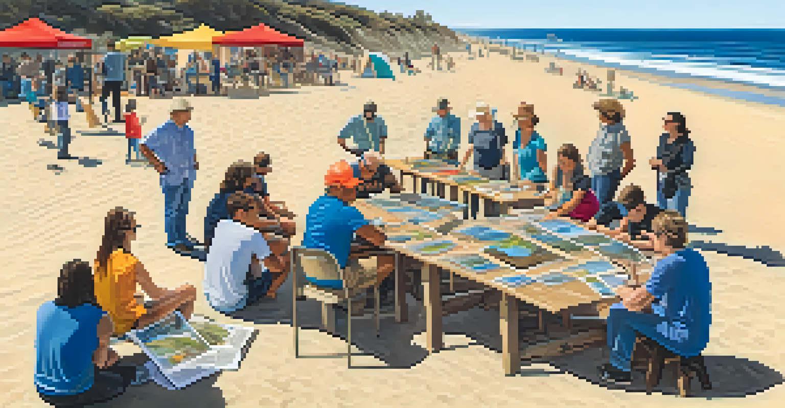 A community workshop on coastal erosion at Malibu beach with participants gathered around a table.
