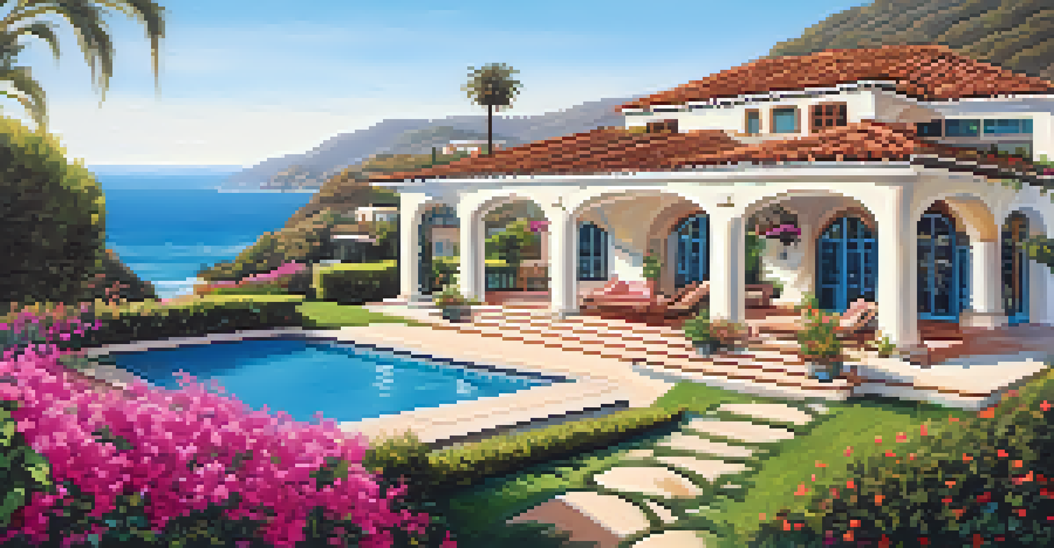 A beautiful Mediterranean-style villa in Malibu surrounded by bougainvillea and a pool with ocean views.