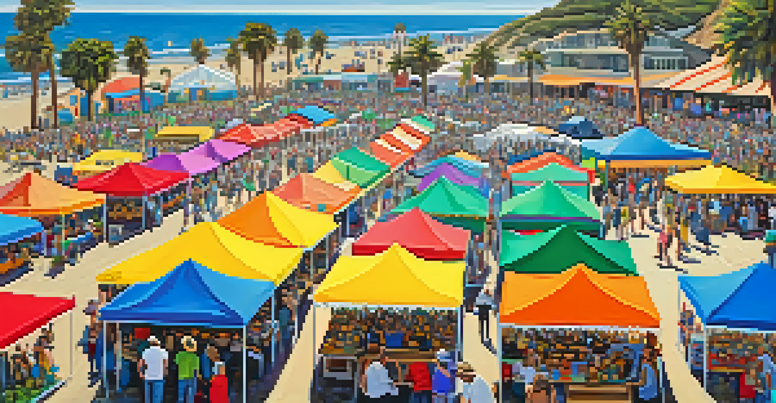A lively community art festival with artists painting, colorful tents, and people participating in workshops against an ocean backdrop.