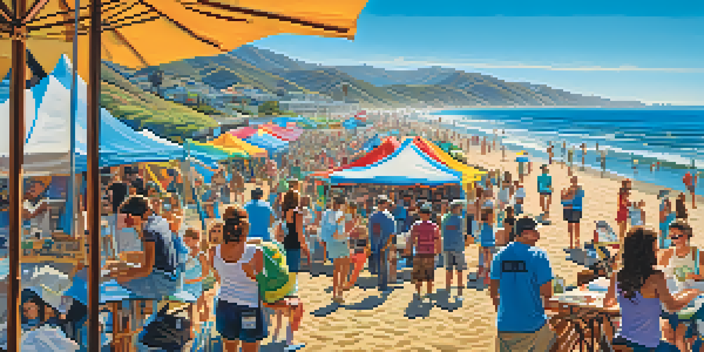 A lively arts festival in Malibu with colorful tents and artists at work, set against the beautiful coastline.
