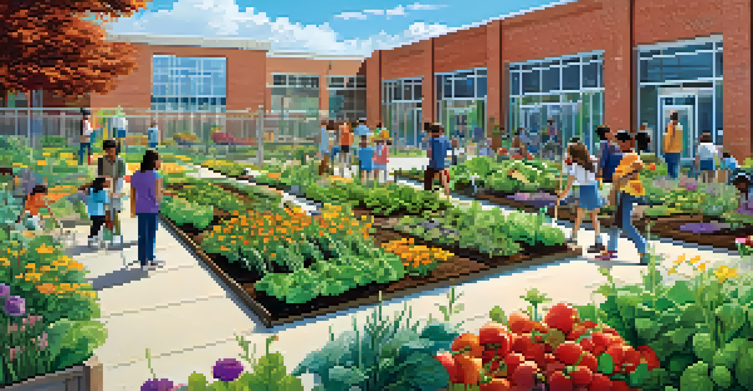 Students working together in a community garden, watering plants and tending to vegetables and flowers, with a bright blue sky and school building in the background.